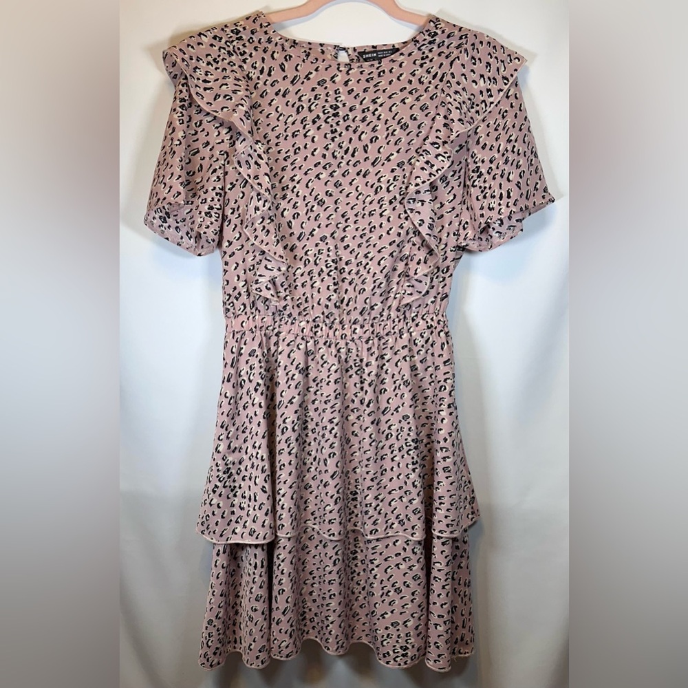 SHEIN Pink Rose Leopard Print Ruffle Dress Size Medium NWOT